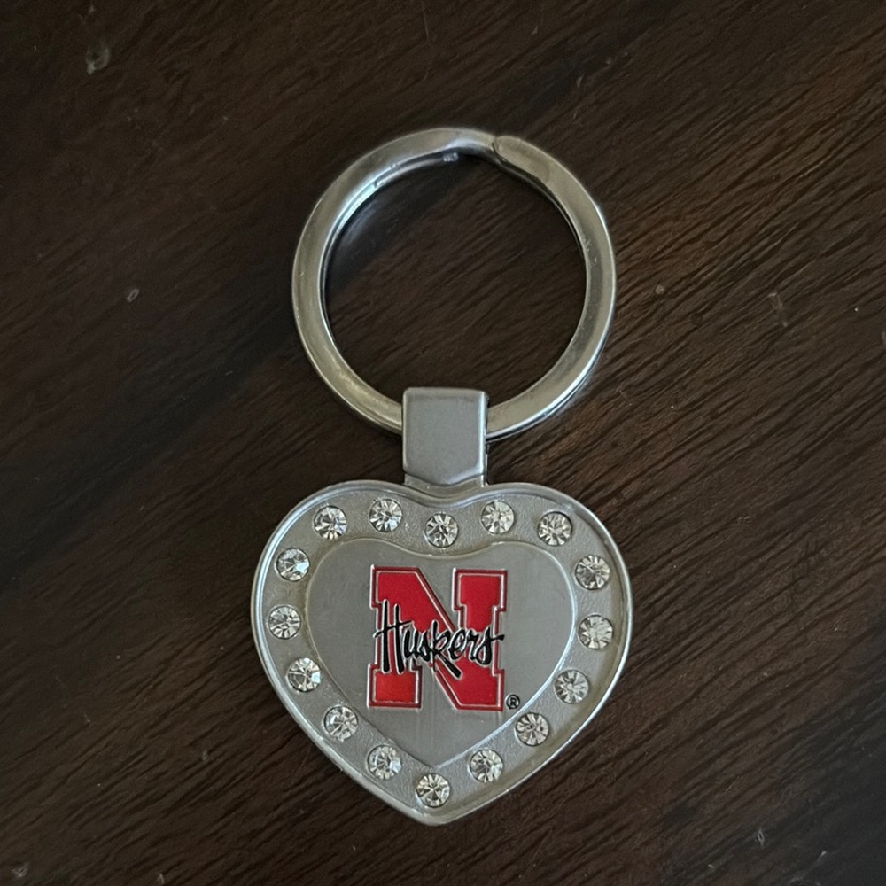 Huskers Heart-Shaped Crystal embellished Red N black logo Silver Key Holder